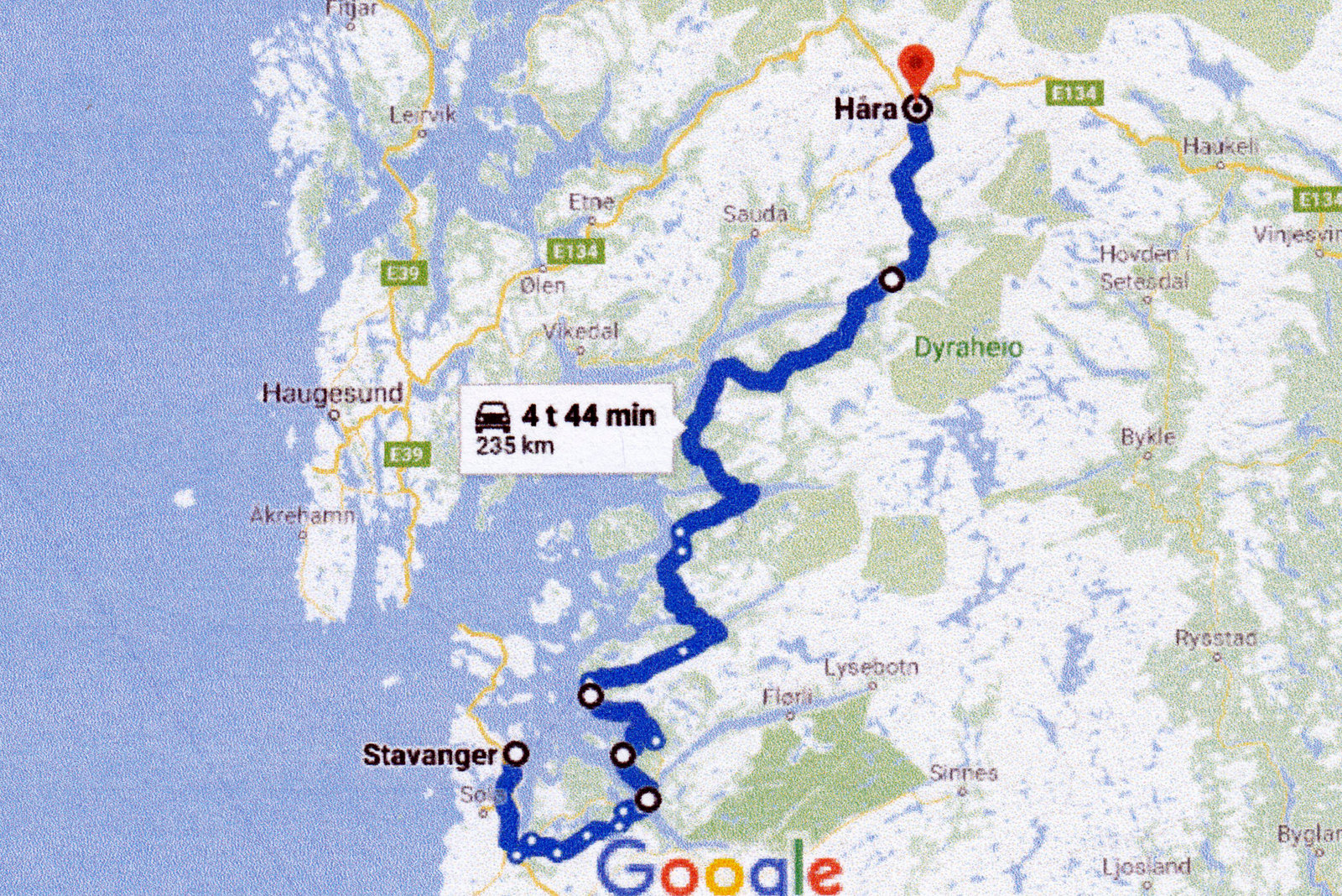 Eller: Dag 5-2: Ma. 25/5 - 235 km. Stavanger - Håra