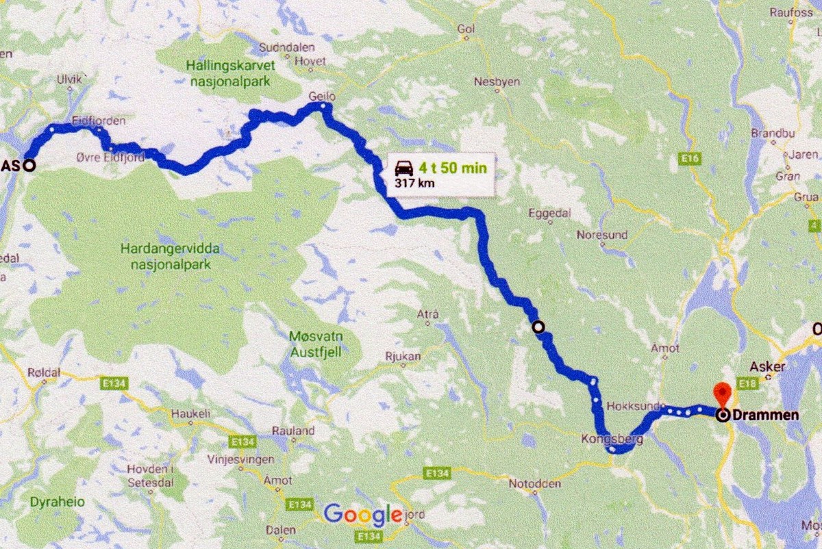 Dag 8: To. 28/5 - 317 km. Kinsarvik - Drammen